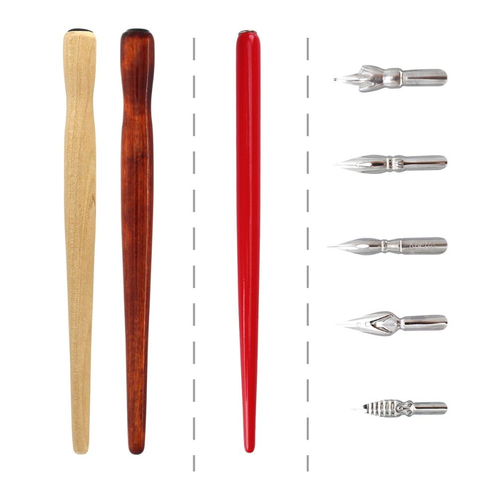 1pcs Stainless Steel Tip Calligraphy Pen Wooden Rod Signature Pen Multi-functional Dip Pen Students
