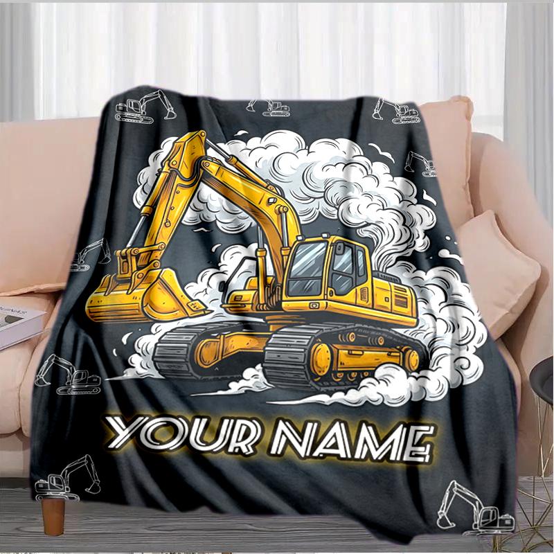 1PC Custom Name Excavator Dreams flannel blanket versatile,all-season throw suitable for the living room,bedroom,camping,travel,and gift