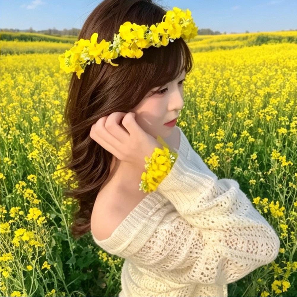 Pastoral style Rapeseed Flower Wreath Headband Beautiful Floral Kids Sweet Resin Flower Hair Accessories