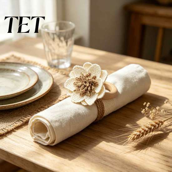 Handmade Linen Flower Rings 6Pcs Napkin Rings, Wooden Ring Rustic Holders, Boho Holders for Dining Tables Farmhouse Wedding Bridal Shower Table Decor