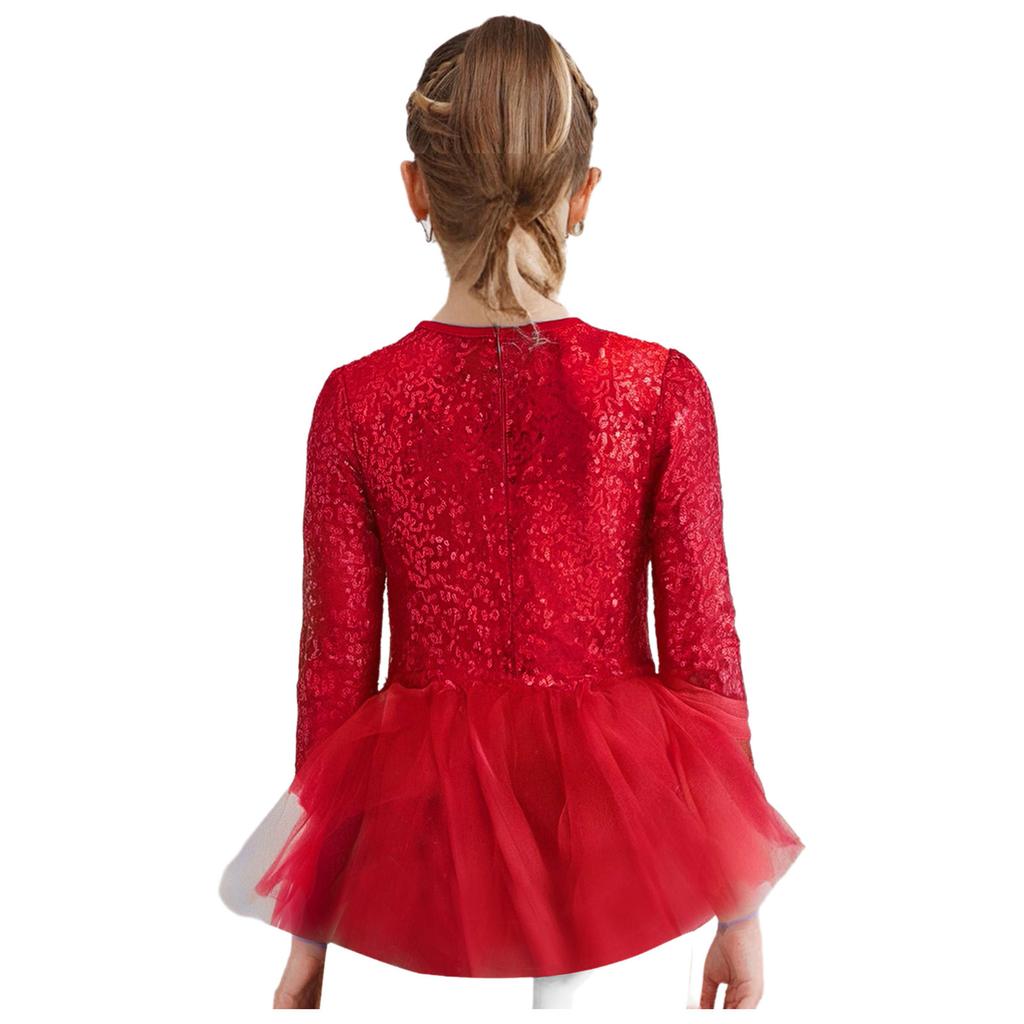 Girls Jazz Dance Costume Sparkly Sequins Bodice Tulle Skirted Leotard Long Sleeve Back Invisible Zipper Bodysuit