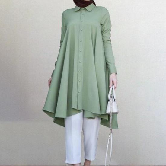 In-Stock Muslim Women's Solid Color Lapel Wrap Shirt: Long Sleeve, Button Placket, Swallowtail Hem