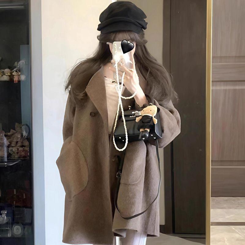 Womens Wool Blend Coat Short Length Korean Style Solid Color Round Neck Double Breasted Medium Thick Pockets Youth