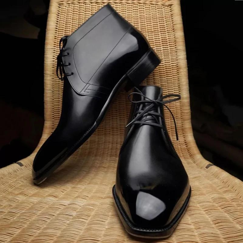 Fashion Men Ankle Boots Brown Black Blue Motorcycle Boots Lace Up Business Handmade Pu Leather Shoes for Men with