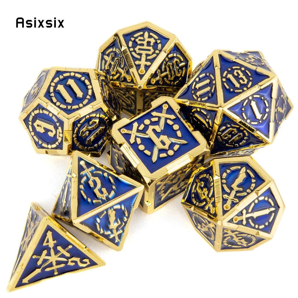 7 шт., золотисто-синие двойные мечи, металлические кубики, набор одноцветных многогранных кубиков, подходящий для ролевой ролевой настольной игры