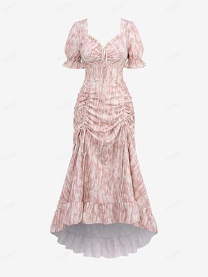 Розегаль Готическое платье с пышными рукавами и цветочным принтом, жаккардовое платье со складками и оборками, с принтом тай-дай, высокое низкое асимметричное платье трапециевидной формы