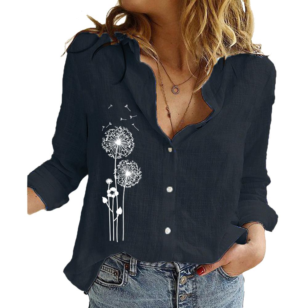 Женская модная футболка с длинным рукавом, летняя и осенняя хлопково-льняная свободная верхняя одежда, женские повседневные блузки на пуговицах с воротником с лацканами и принтом