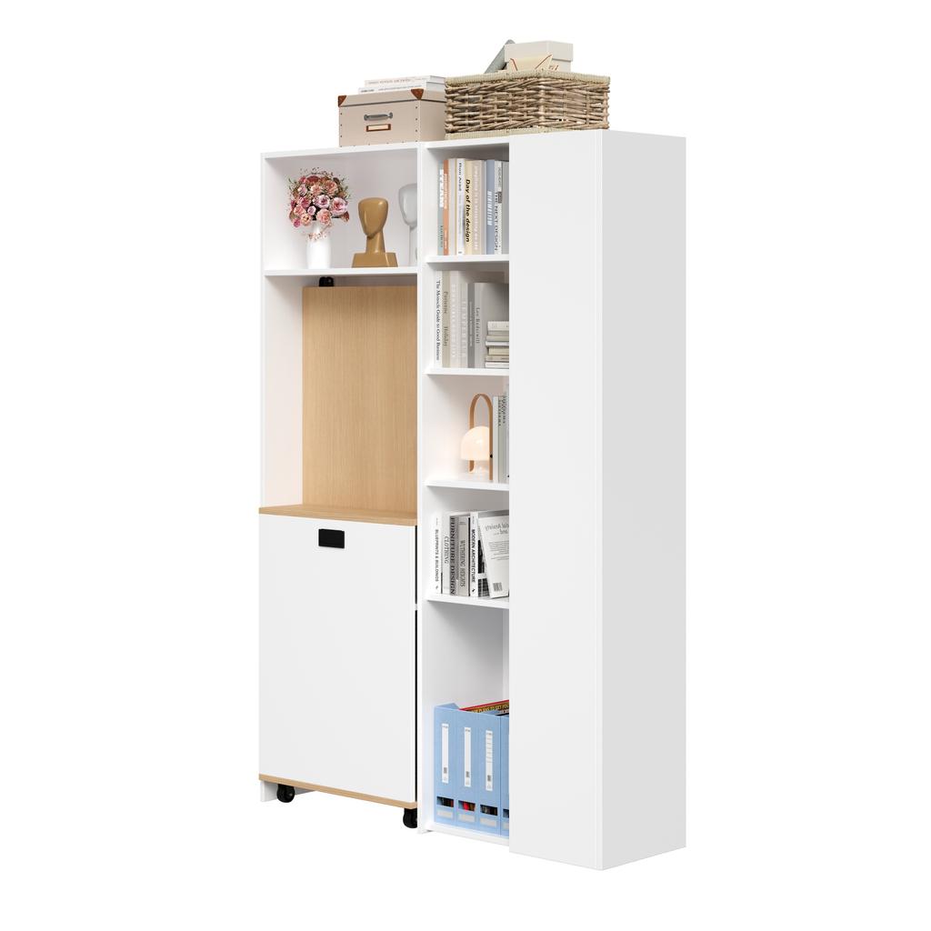 Folding Desk with Shelves – 2-in-1 Bookshelf and Desk, with Socket and USB Port, Height-Adjustable Shelves, Anti-Tip Protection, White, Corner-Right