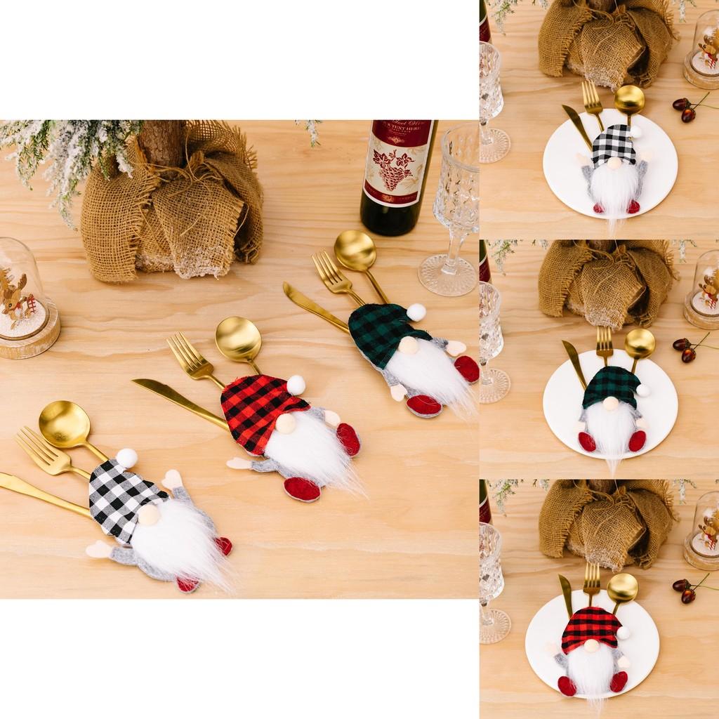 Festive Checkered Hat Gnome Tabletop Ornament With Cutlery Holder For Holidays