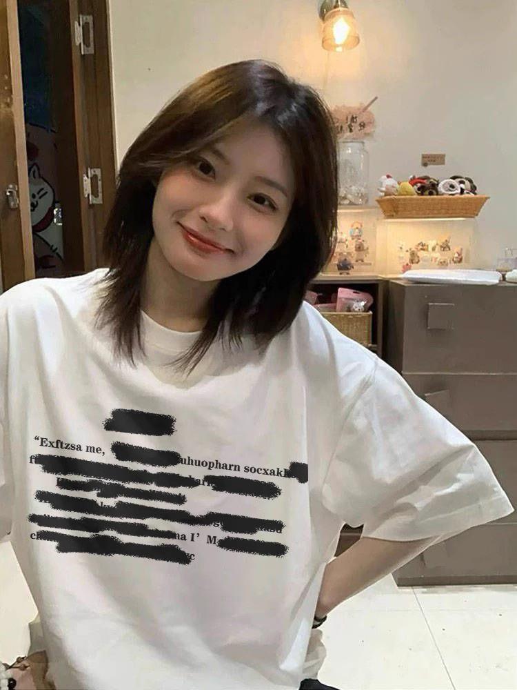 Женская футболка большого размера из чистого хлопка белого цвета с коротким рукавом - Лето 2025 Американский стиль свободного кроя