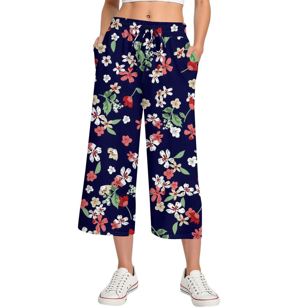 Женские летние повседневные спортивные брюки с высокой талией и принтом, укороченные брюки свободного покроя