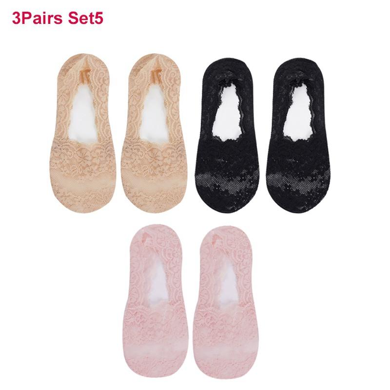 3 пары женских кружевных хлопковых невидимых носков, нескользящие летние однотонные короткие носки, модные тонкие тапочки до щиколотки, ажурные носки
