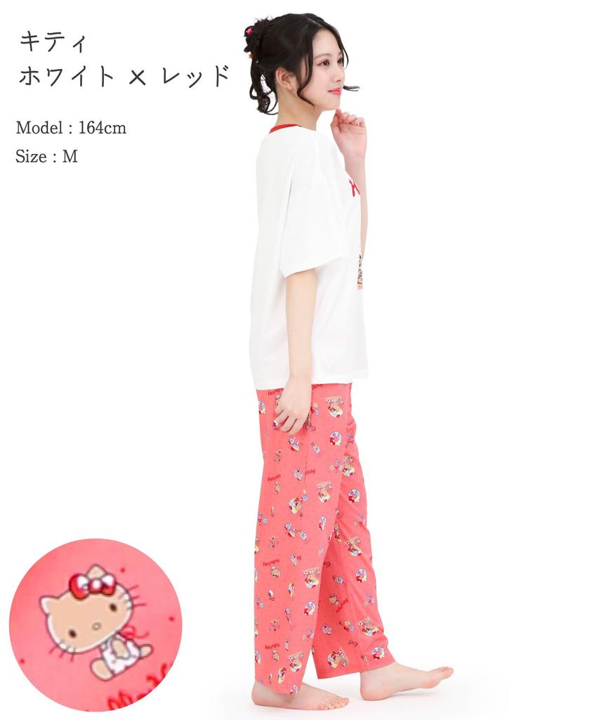SAZAC Персиковый бок Hello Kitty Пижама Пудровый стрейч Комплект с коротким рукавом и длинными брюками x Комплект, Ткань, Женский (Белый Красный/M/SAN1950)