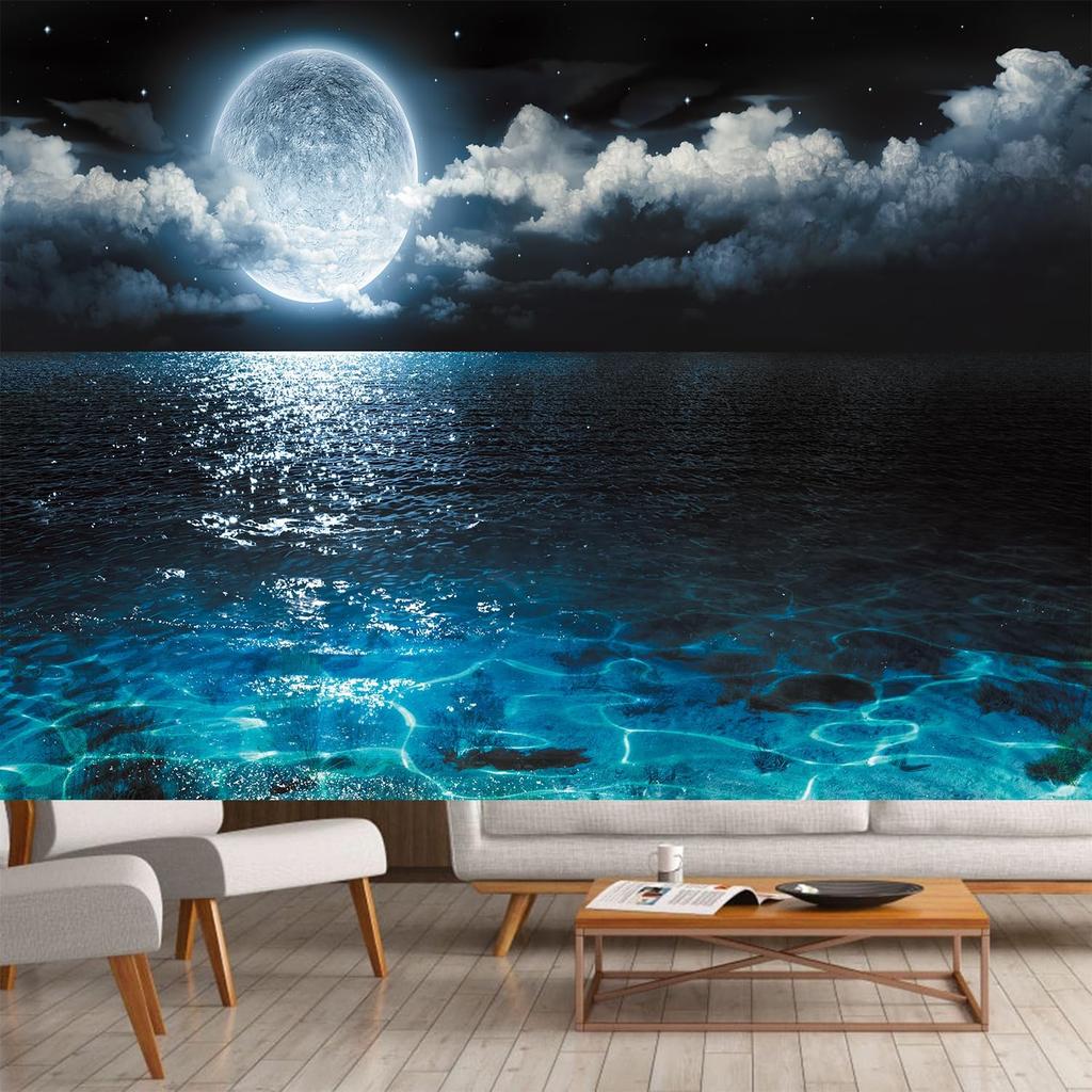 Night Ocean Wall Mural Sea Starry Cloudy Sky Wallpaper for Living Room Home Decor