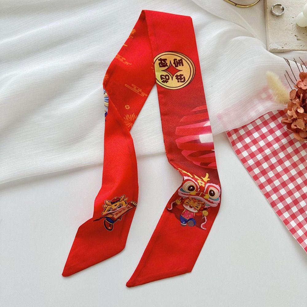 Printed New Year Red Silk Scarf New Year Scarves Scarf Hair Band Long Scarf New Year Decoration