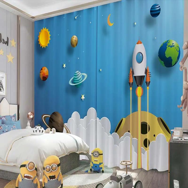Cartoon High Shading Drape Children's Room Boy Bedroom Astronaut Modern Bay Window Opening Sunscreen Blackout Sound Insulation Drape 2Pcs4