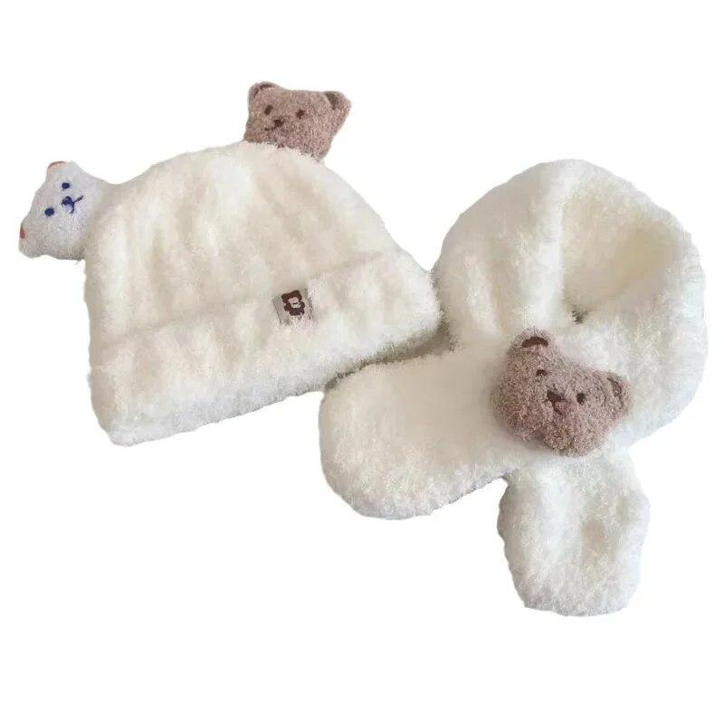 2pcs Little Bear Plush Baby Hat Autumn/Winter Baby Hat Scarf One Piece Set for Children's Warm Ear Protection Hat Super Cute
