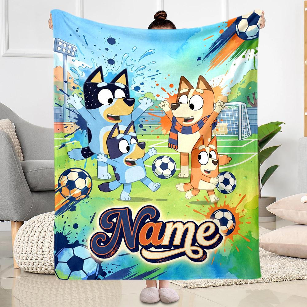 Soccer Fun Bluey Customize Text Blanket Throw Personalized Blanket Soft & Cozy Versatile for Bed Office Chair Couch Seaside Four Seasons Universal