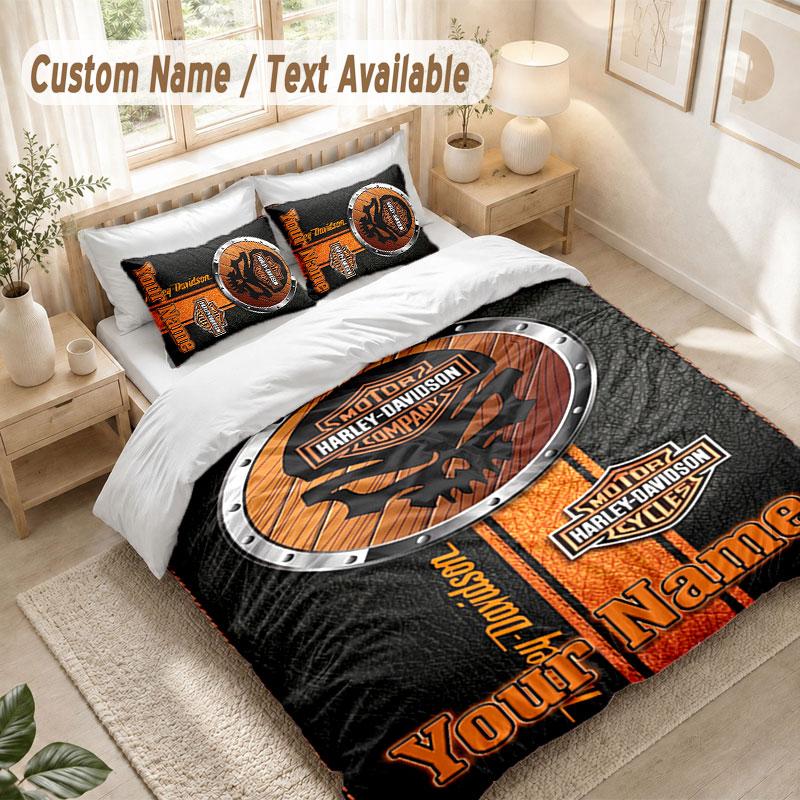 Custom Name Bedding Set 3 PiecesHarley-Davidson Print Duvet Cover + 2 Pillowcases Soft Bed Decor