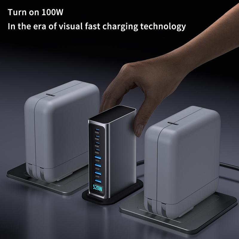 520 Вт 8-портовое настольное зарядное устройство для телефона, ноутбука, планшета со светодиодным дисплеем мощности, адаптер питания для быстрой зарядки PD для компьютера, ПК, для iPhone
