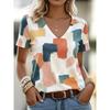 V-neck T-shirt with a watercolor tulip print for women, casual short-sleeved tops, fresh floral daily wear.
