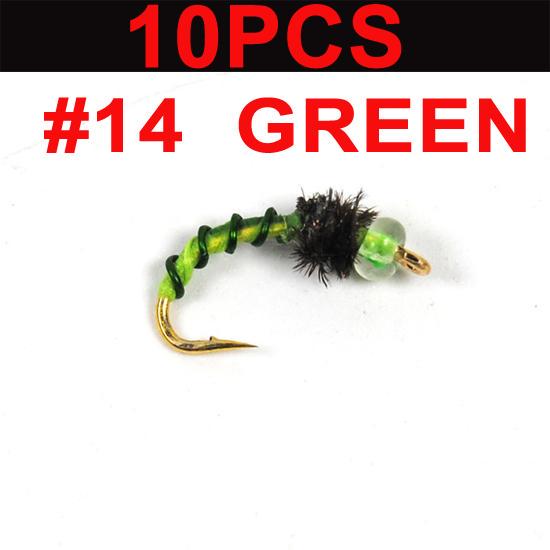 10pcs Midge Nymph Fly Green Red Fly Fishing Bait Lures Hegene / # 14 Gold Color Hook