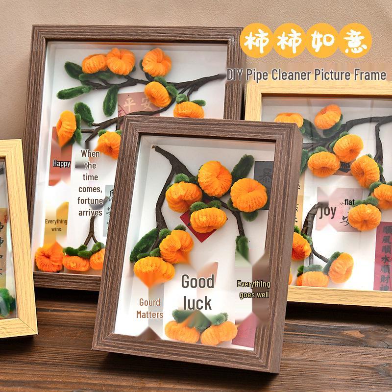 Festive Persimmon Ruyi Twist Stick DIY Photo Frame Kit with Preserved Flower Ornament Gift.