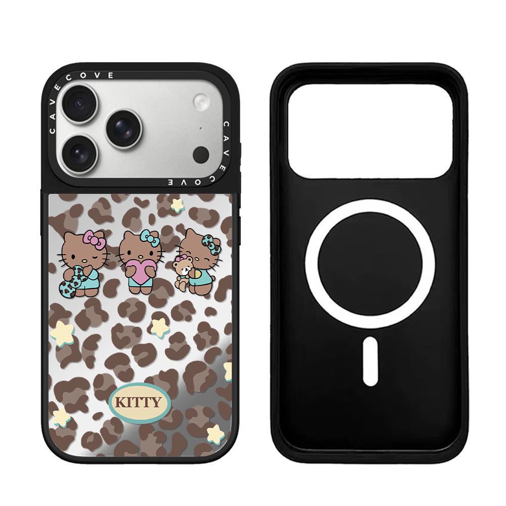 Черный кожаный чехол MagSafe Hello Kitty с леопардовым принтом для iPhone 17 Pro Max