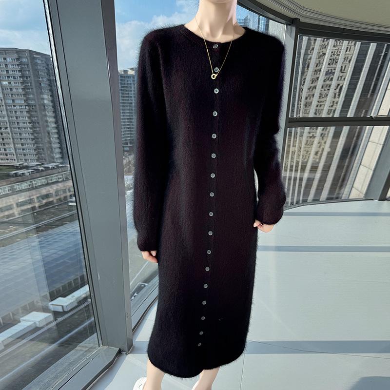 Women's Mink Cashmere Cardigan - Round Neck, Long Sleeve, Soft, Fluffy, Loose Fit, Mid-Length Knit Wool Sweater for Autumn/Winter.