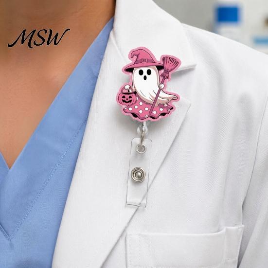 Decorative Badge Holder for Nurses Halloween Ghost Reel, Glitter Acrylic Retractable Clip, Cute Pink Transparent Clip ID Name Women Nurse Teacher