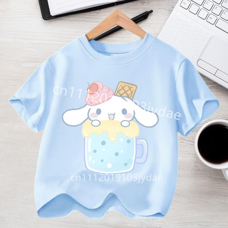 Летняя повседневная одежда 2026 Kawaii Подарок Милый Киннаморолл Девочка Футболка Хлопок Аниме Принт Футболка Детская с коротким рукавом Уличная одежда