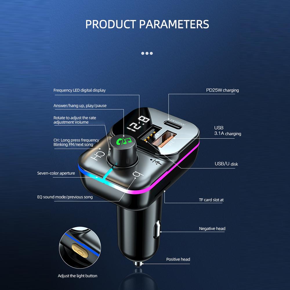 Автомобильный адаптер Bluetooth 5.0 FM-трансмиттер Двойное зарядное устройство USB3.1A+PD3.1A Дисплей MP3-плеер Автомобильные электронные аксессуары