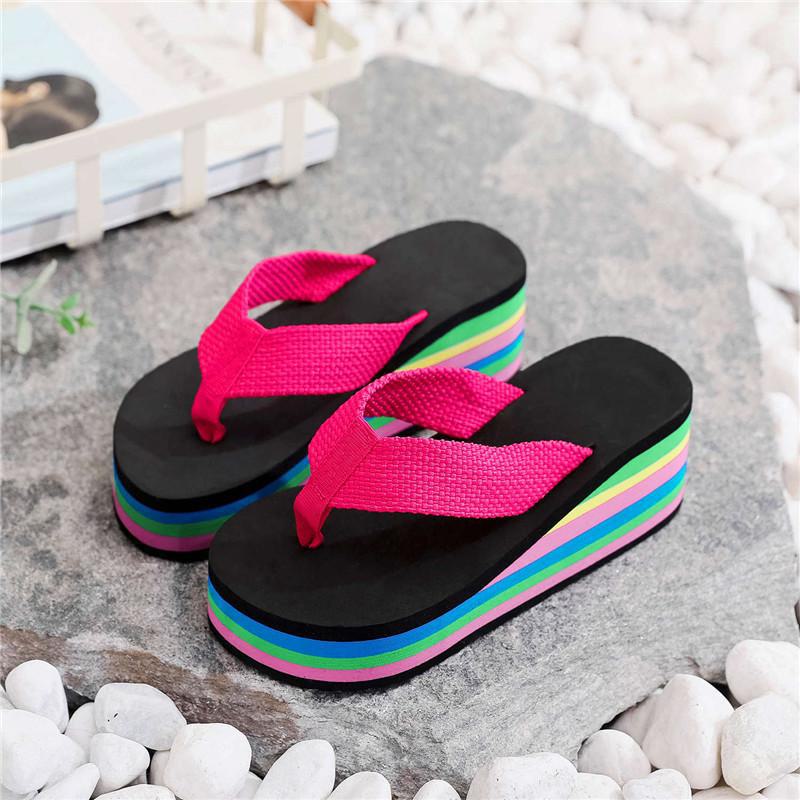 Rainbow Herringbone High-Heel Women's Flip Flops - Summer Beach Sandals