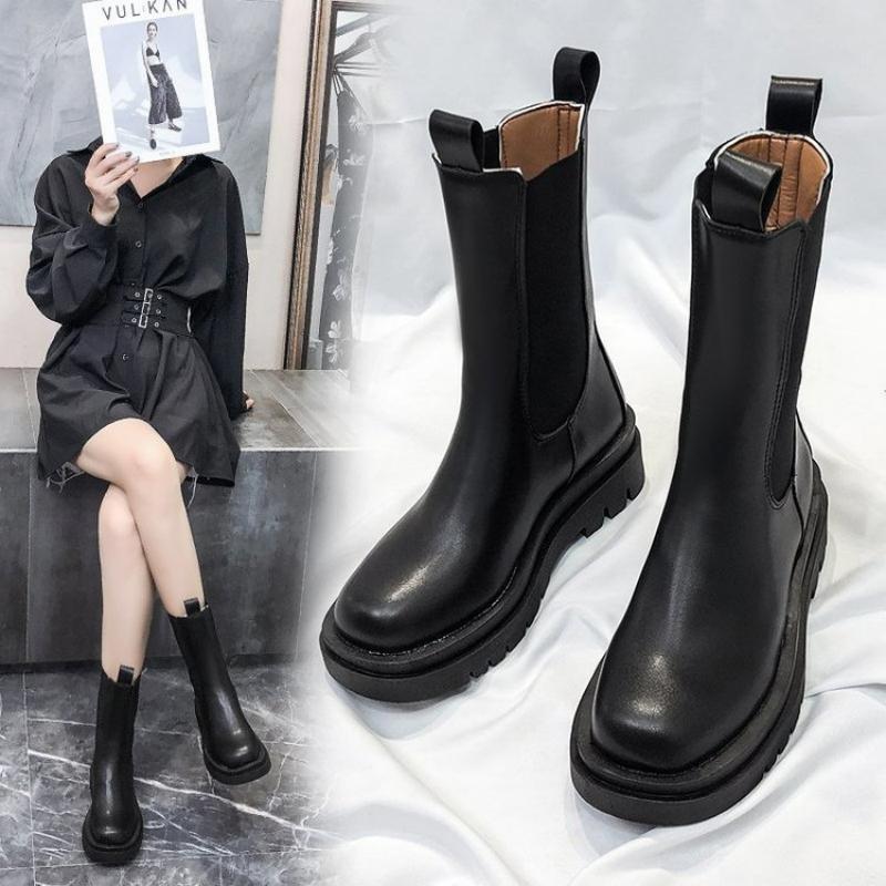 New Winter Elastic Mid-Leg Platform Chelsea Boots Black Platform Plus Size Ankle Boots
