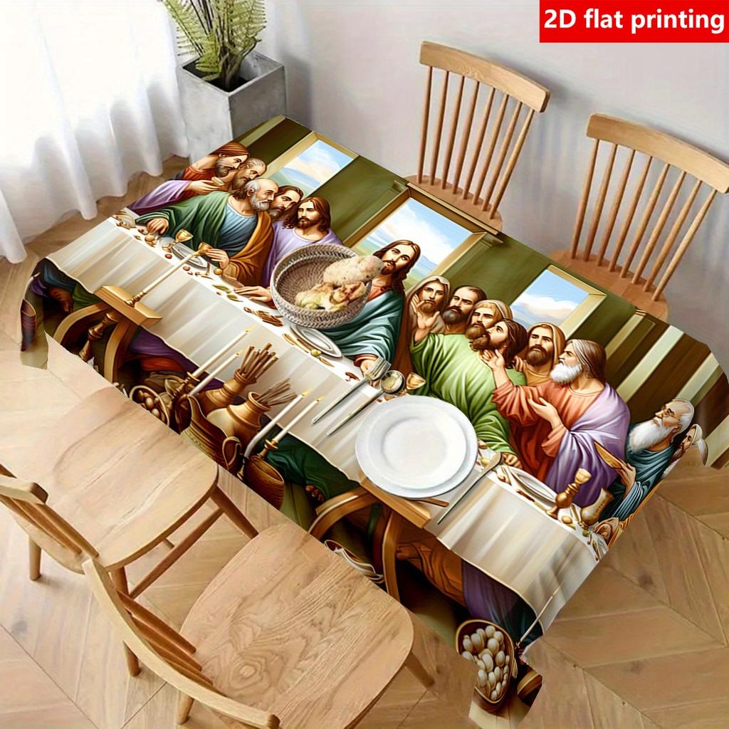 2D Flat Printing, Halloween, Christmas, 1pc The Last Supper Tablecloth - Durable Polyester, Vibrant Print Suitable for Birthday Parties and Holidays,