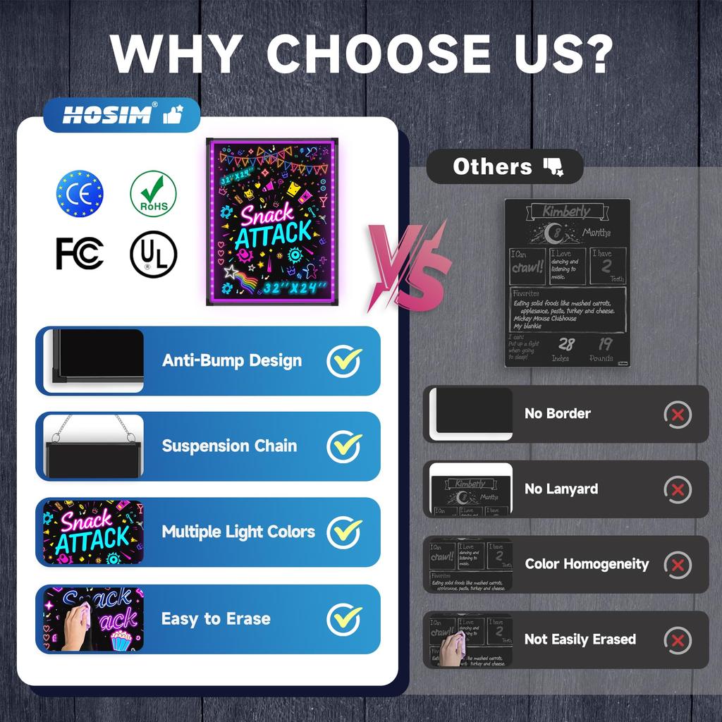 Hosim Sign Уличная светодиодная вывеска Неоновая рукописная электронная доска объявлений для магазина Доступно 4 размера Приветственная доска для входа в магазины Светящаяся вывеска черного цвета