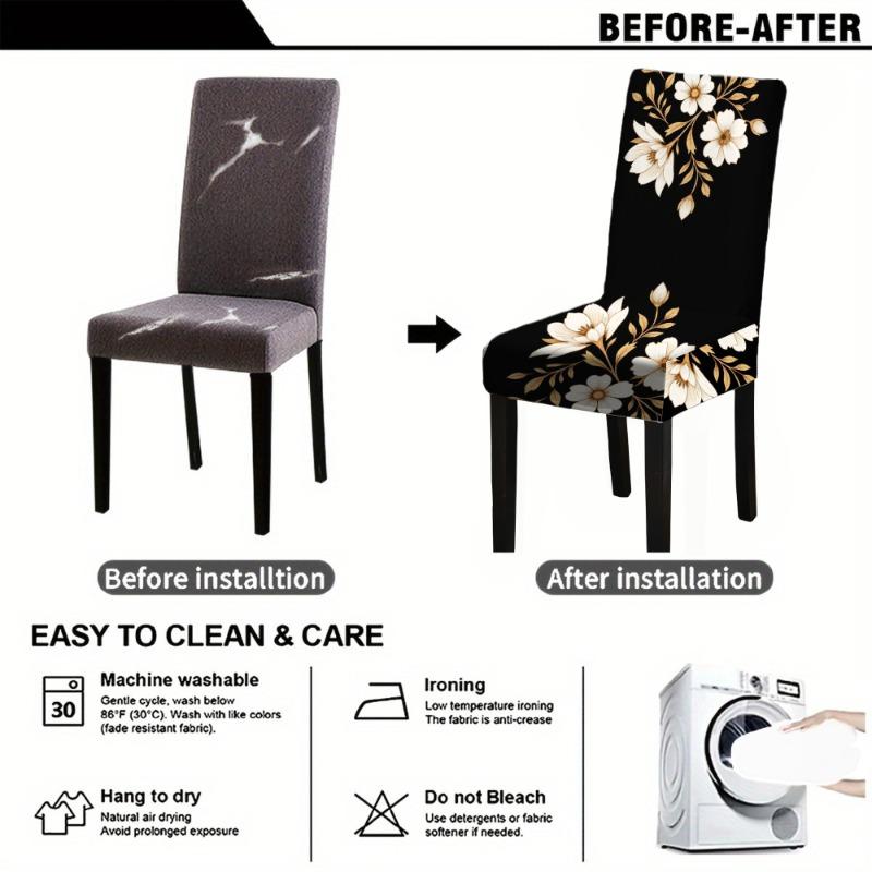 4/6 Pcs Black Floral Stretch Chair Covers Universal Seat Protectors Machine Washable Home Restaurant Dining Room Decor