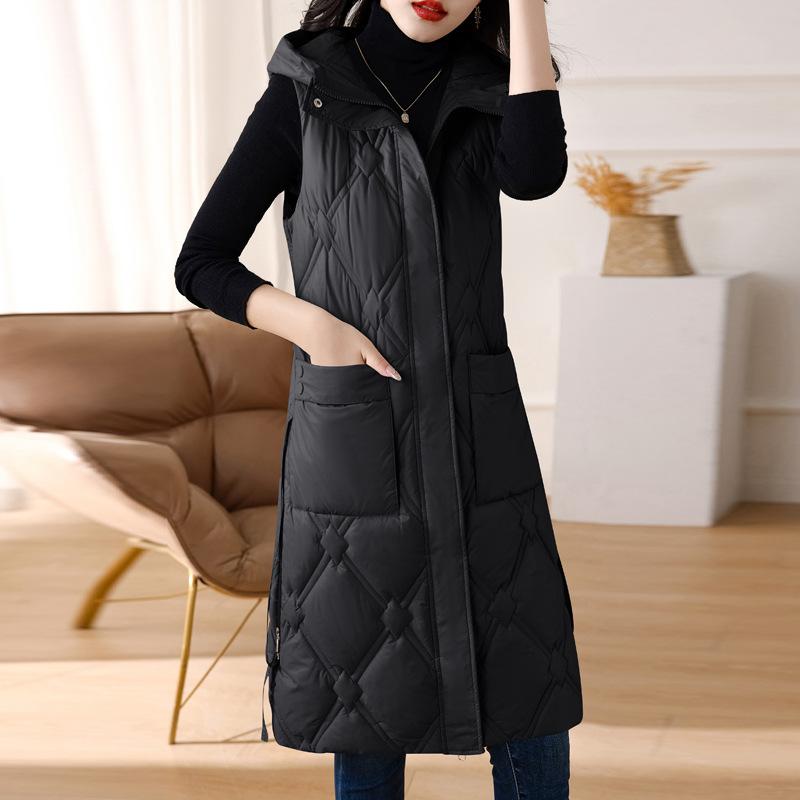 2023 зимний длинный свободный пуховый хлопковый жилет женский до колена женский жилет пальто осенью и зимой
