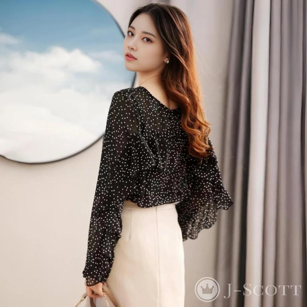 J-Scott Women's Polka Dot Chiffon Sheer Ruffle Blouse with Inner Cami, Long Sleeves, Round Neck, Black (JS139-BK-XL)