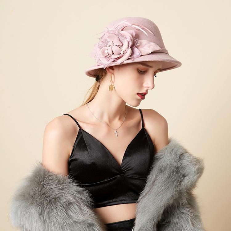 Bucket Hat Female British Retro Feather Flower Woolen Top Hat Elegant Felt Hat Pot Hat