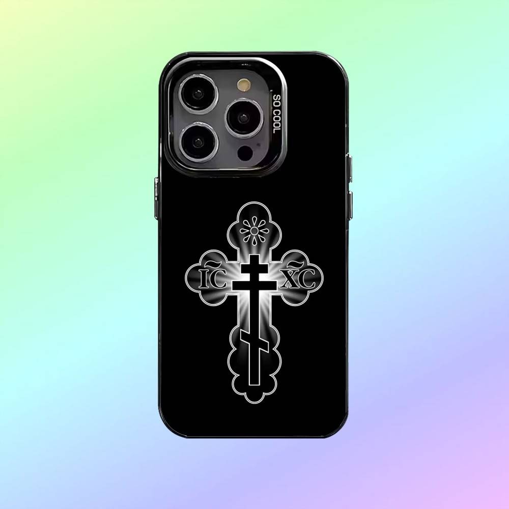 Чехол для телефона с иконкой Православного Креста О- для iPhone17,16,15,14,13,12,11 Покрытие с серебряным ободком для камеры Конфетное матовое покрытие