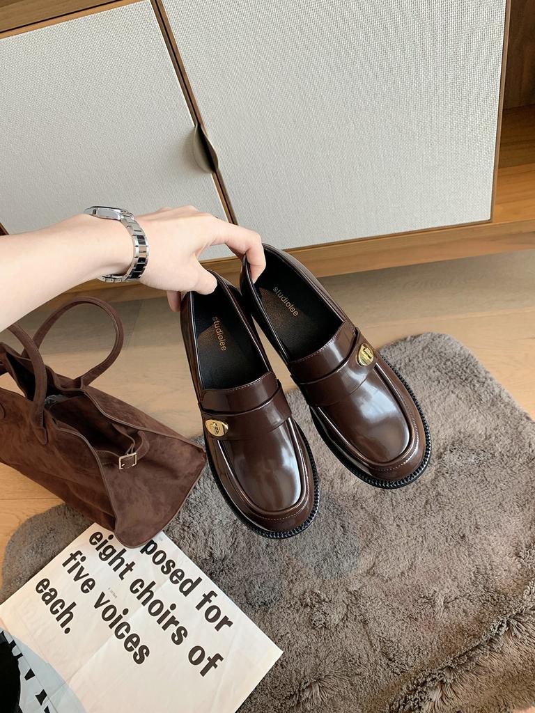 Cowhide Version~ Grape Mother Has the Same Genuine Leather Versatile Round Head Small Gold Buckle, Thick Heel Loafu Small Leather Shoes for Women's Au