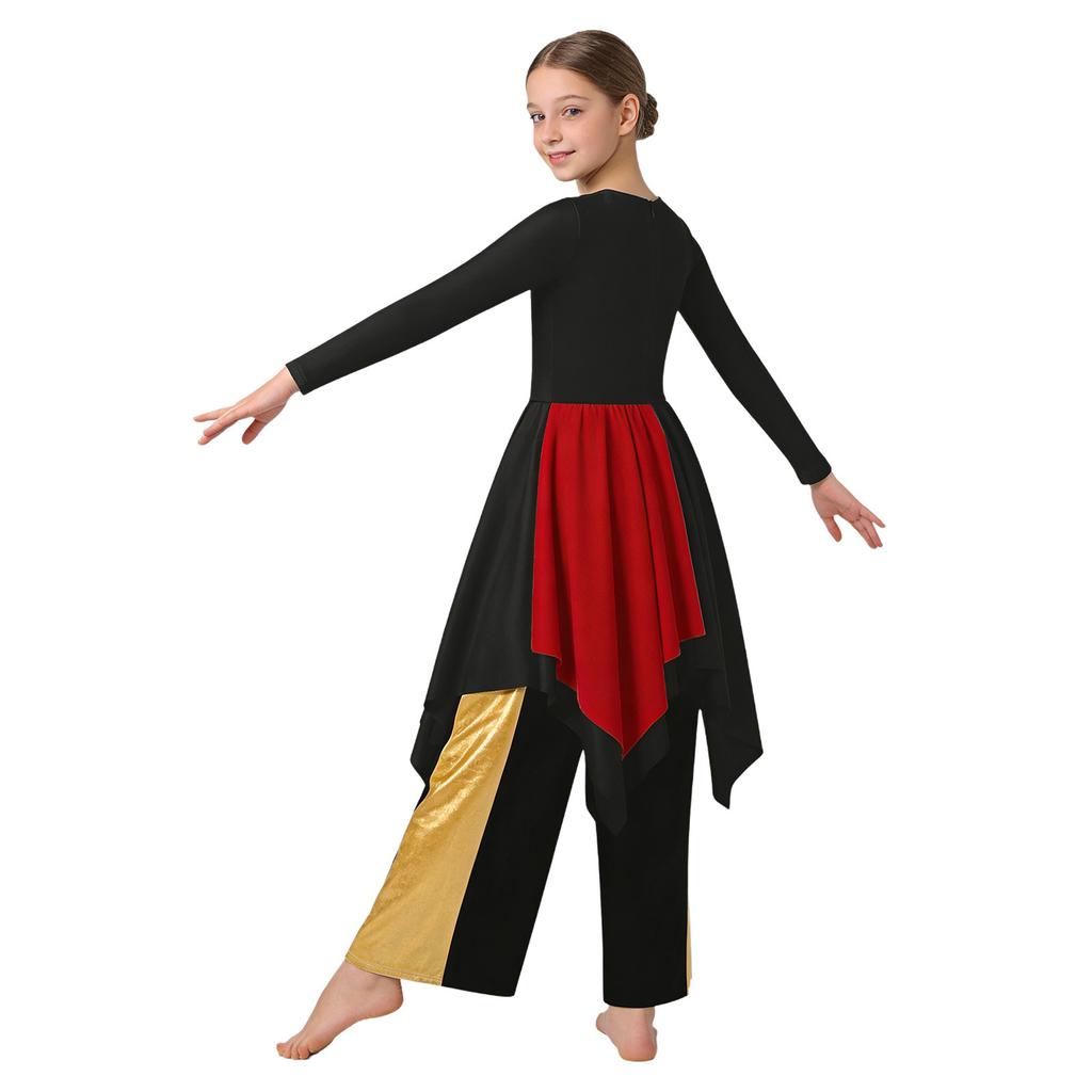 Girls Metallic Contrast Asymmetrical Hem Dress Wide Leg Pants Lyrical Praise Dance Costume Set