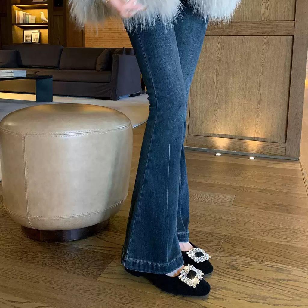 Grape Mother of the Same Style~ Diamond Buckle Small Square Head Velvet with Warm Woolen Thick Heel Mary Jane Single Shoes Women