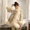 Chinese Style Fox Fur Coat Court Lady Satin Mid-length Beaded Faux Fur Shawl Jacket Women Winter Coat Print Outwear
