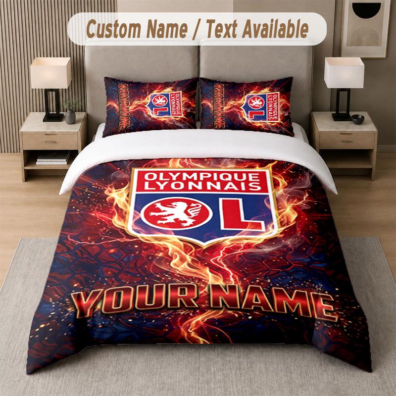 Custom Bedding Set Lyon FC Pattern, Print Name Text 1 Duvet Cover plus 2 Pillowcases Home Textile