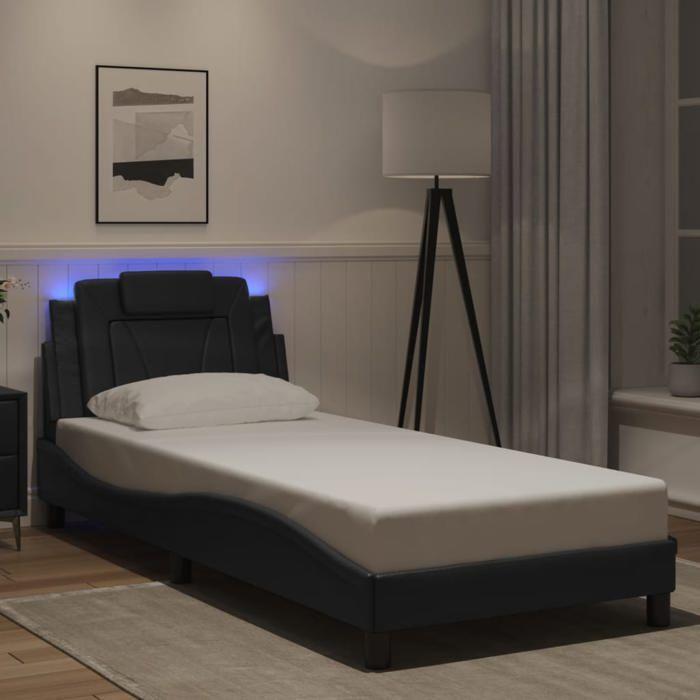 VidaXL Cadre de Lit avec Lumières LED, Lit Rembourré avec Coussin, Lit Simple, Lit Adulte Chambre, Moderne, Noir 90x190 cm 3213987