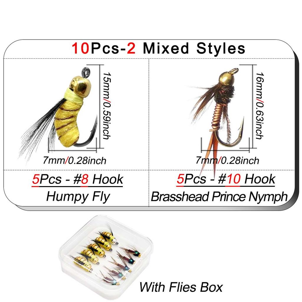 6/10Pcs/Box 2 Mixed Styles Bead Head Fast Sinking Nymph Lure, Humpy Fly&Brasshead Prince Nymph Fishing For Trout Artificial Insect Bait Lure