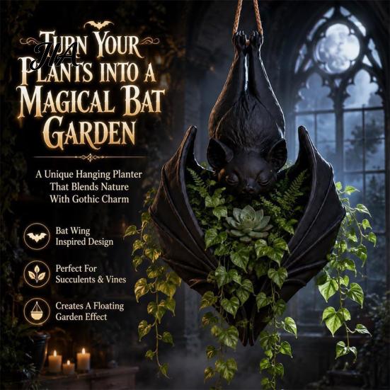Spooky Home Porch Planter Hanging Bat Plant Pot, Gothic Resin Planter, Halloween Holiday Gift for Lovers Container Trailing Vines, Artificial Plants,