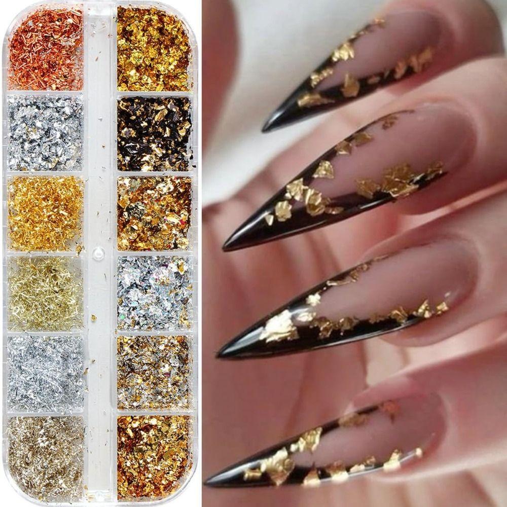 Holographic Nail Glitters Sequins 12 Grids Nail Art Flakes Nail Glitter Gold Foils DIY Manicure